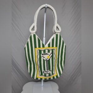 Popular Green and White Striped Martini Beaded Bag Tote